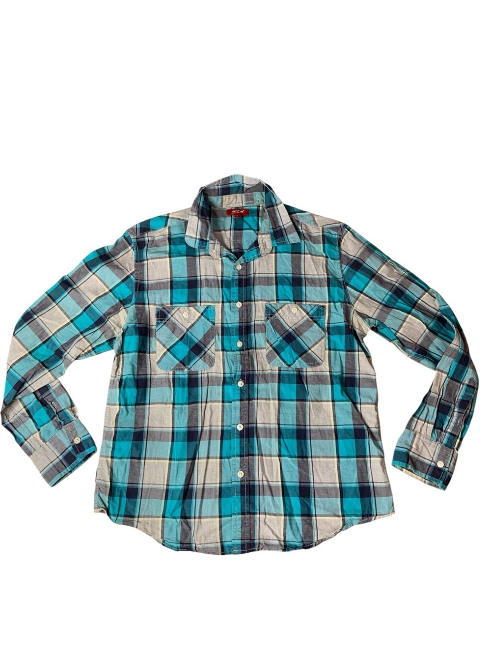 Arizona Jean Co Men's Plaid Button Down Shirt Blue Teal Large